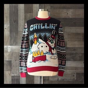 Men’s Ugly Christmas Sweater medium funny snowman beer snowflakes holiday party
